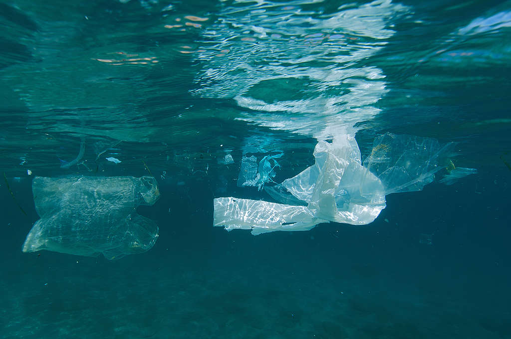 Plastic pushed into a small bay floats just beneath the surface. Andros, Greece. The Greenpeace ship Arctic Sunrise is currently on a three month “Defending Our Mediterranean” tour. Greenpeace is exposing the threats to the Mediterranean and calling for a network of marine reserves for the Mediterranean Sea.