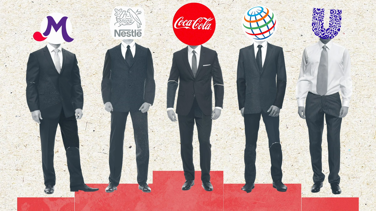 5 men wearing corporate attire with company logos on their head. From left to right: Mondelez, Nestle, Coca-cola, Pepsico, Unilever
