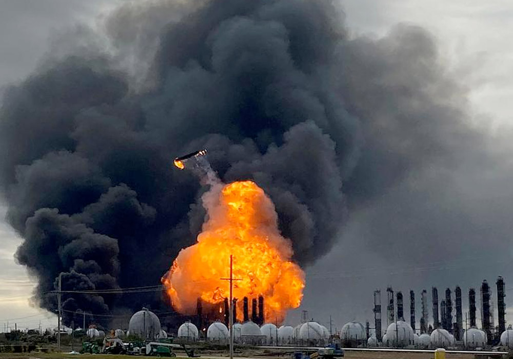 A process tower flies through air after exploding at the TPC Group chemical plant in Port Neches in November 2019. Credit: REUTERS/Erwin Seba