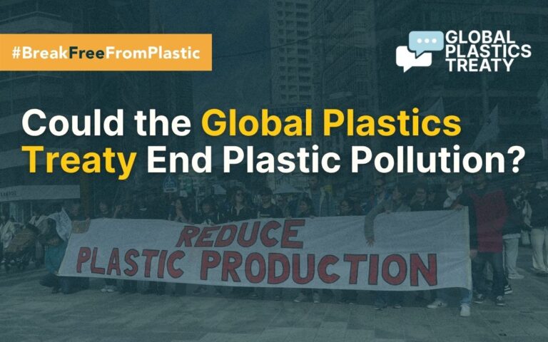 People during a march holding a sign that is saying 'reduce plastic pollution' and the title saying 'Could the Global Plastics Treaty end plastic pollution?'
