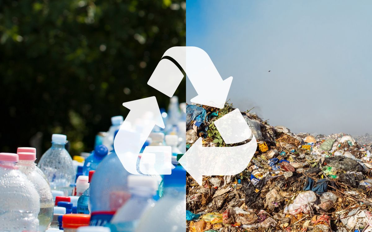 A split screen of plastic bottles and mountain of plastic waste with the recycle/recycling logo