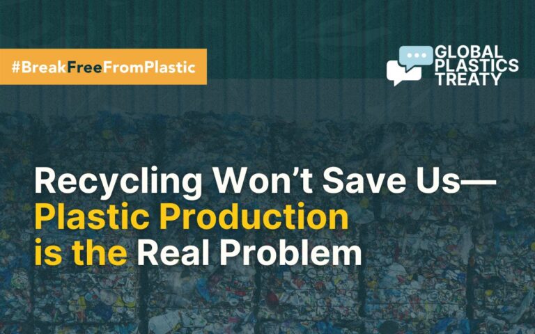 Piles of trash a result of plastic production with the logo of the Global Plastics Treaty and Break Free From Plastic